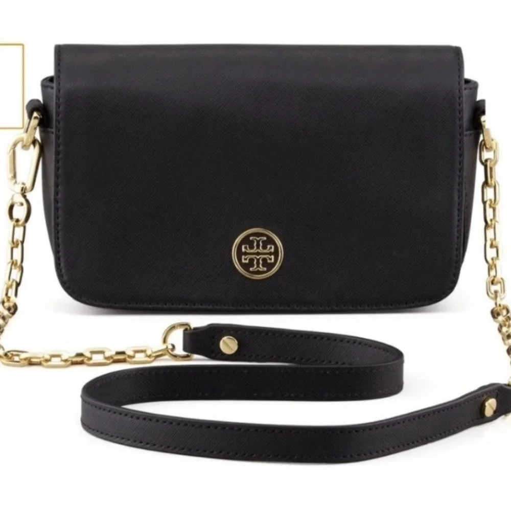 Tory Burch Black Saffiano Leather Robinson Chain Crossbody Gold Hardware